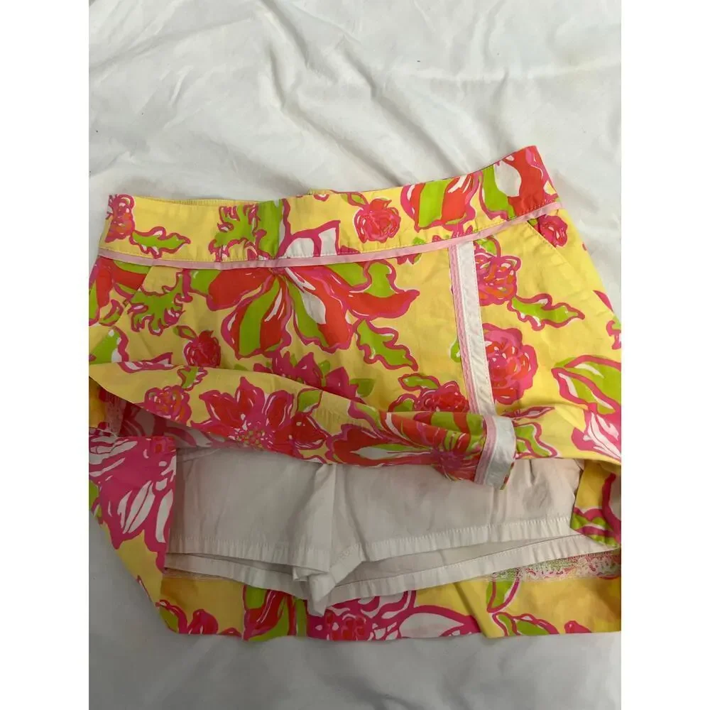 Lilly Pulitzer Yellow Pink Tropical Floral Mini Skirt Skort Sz 4 GS